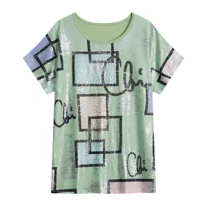 Vente en gros t-shirt d'été à manches courtes en coton personnalisé avec impression de lettres nouveau haut ample à col rond pour femmes de haute qualité