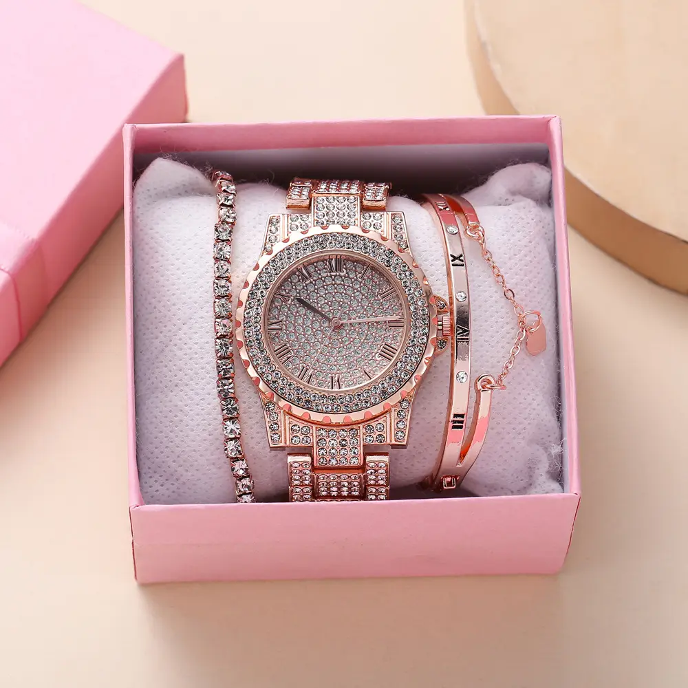 3 teile/satz Mode Geschenk Schmuck Frauen Diamant Uhr Set Armband Uhr Set Für Frauen
