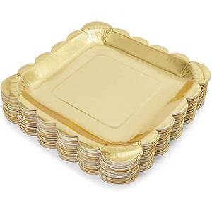 Modern 7-Inch Gold Foil Square Paper <b>Plates</b> with Scalloped Edge Festive Dessert Dinnerware for Parties - Product Image 3