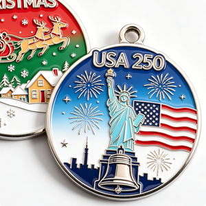 Medalla de Navidad con Trineo de Papá Noel y Estatua de la Libertad de EE. UU. 250, Colgante Esmaltado Circular de Aleación de Zinc Bañado en Plata - Product Image 4