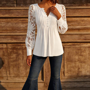 Blusa Casual de Oficina para Mujer, Elegante, con Mangas de Encaje Blanco, Talla Grande, Cuello en V, Corta, con Botones, Transpirable y Ligera - Product Image 6