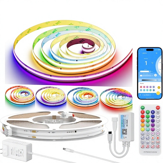 24V Addressable RGB COB LED Strip Light Smart IC Music Sync App Control, 5M Color-Chasing Effect for Home Decor Party Lighting