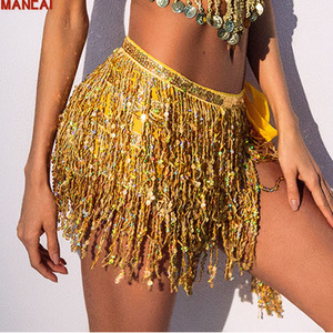 Mini-jupe sexy à sequins et franges pour la danse du ventre, performance scénique, club, <span class=keywords><strong>danseuse</strong></span> indienne, latine, hula, écharpe de taille pour la plage - Product Image 1