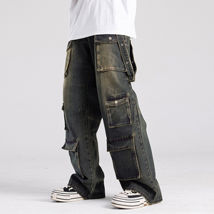 Jeans cargo baggy personnalisés, plusieurs grandes poches, denim foncé délavé rétro, jeans pour hommes, vêtements de travail en denim, jeans cargo - Product Image 2