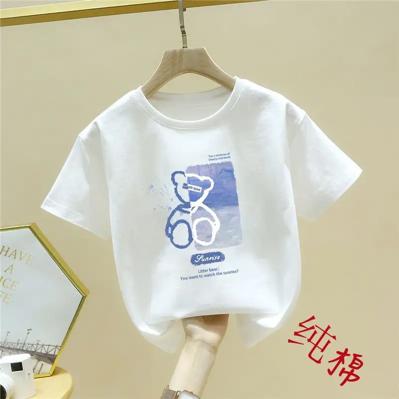 Little Bear Children's Wear T-shirt Girl's Short sleeved Fashionable Big Boy Pure Cotton Top Cartoon Girl's New Bottom