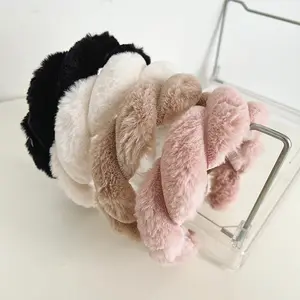 China Wholesale Fashion 4cm thick Wide spiral Faux rabbit fur fluffy headband braided Padded Warm Soft Winter Accessories