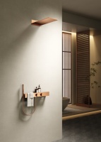 Système de douche thermostatique encastré en laiton luxueux couleur or rose, mitigeur de douche mural, jet de pluie, étagère de rangement, porte-serviettes