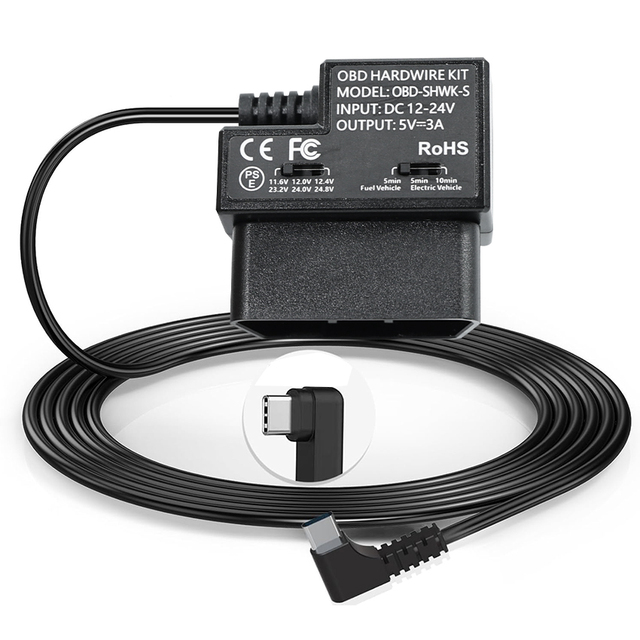 OBD2 12/24V to USB-C 5V3A Charging Cable with ACC Parking Mode for Dash Cam, Intelligent Power Hardwire Kit for Car Camera