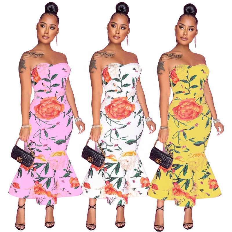 Женское вечернее платье без бретелек, длинное платье-Русалка с цветочным принтом и открытыми плечами, 2021
