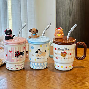 Zuo Mu <b>Ceramic</b> <b>Mug</b> With Lid And Straw Insulated Cute Bear Cat Design For Home Office Gift Spring 2025 - Product Image 3