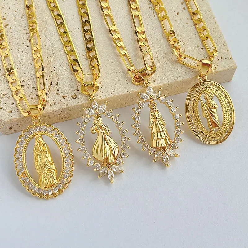 Factory Women Jewelry 18K Gold Plated Virgin Necklaces Micro Zircon Mary Pendant Necklaces