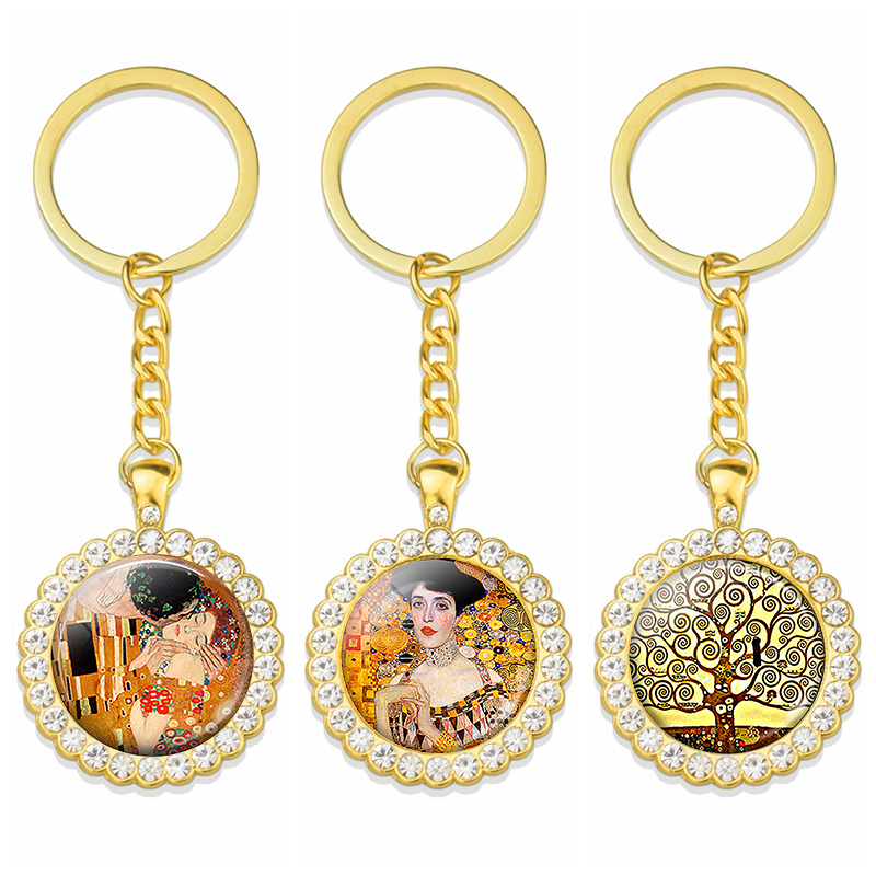 Украшенный стразами брелок для женщин Густав Климт поцелуй ручная работа золотой брелок Подвеска парные подарки для парни и девушки