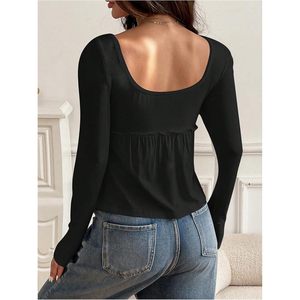 Blusa de Punto Personalizada para Mujer, Manga Larga, Cuello Cuadrado, Estilo Peplum, Linda y Moderna para Uso Diario - Product Image 1