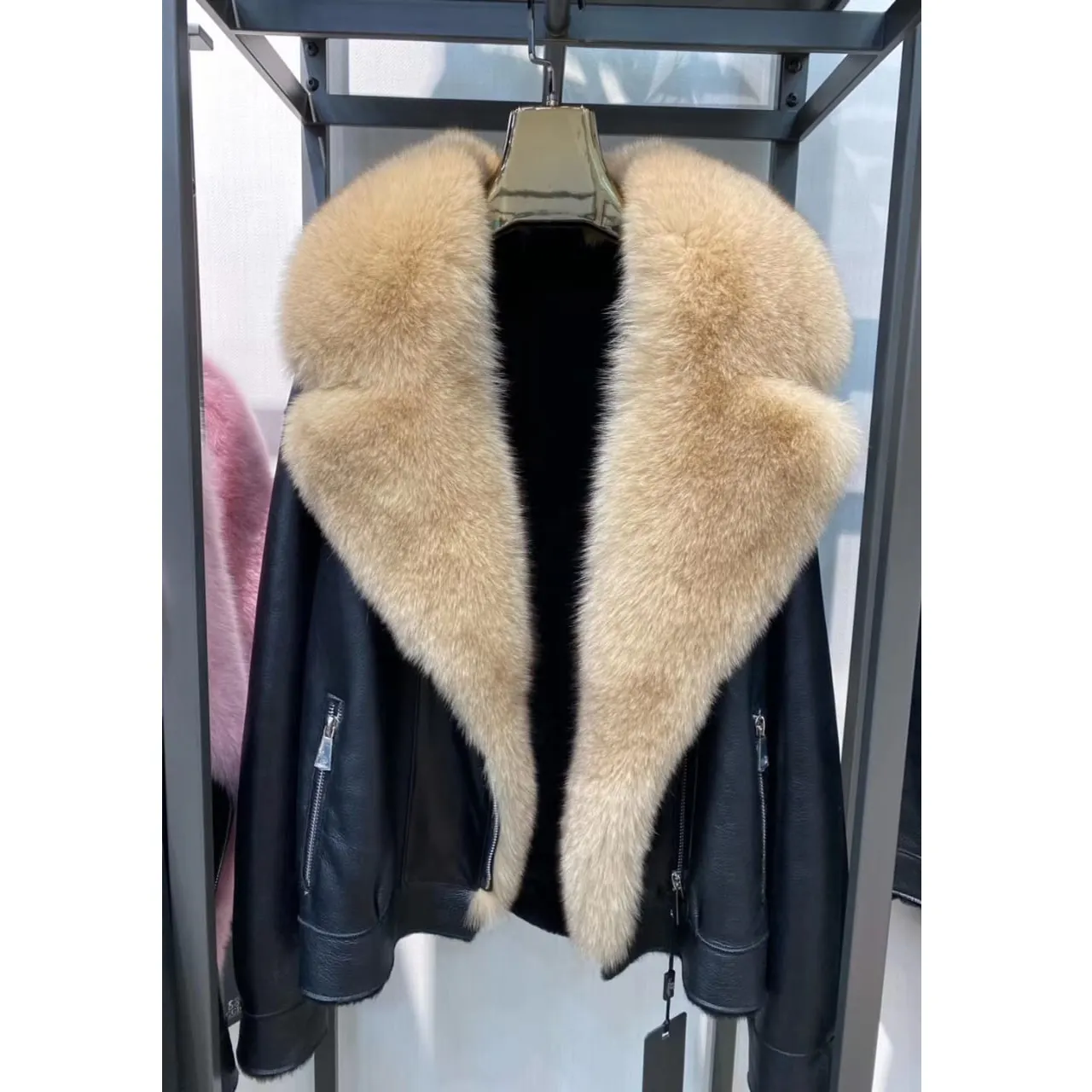 leather custom fur collar real fox fur long style hooded fur coat men's coat