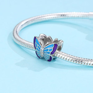 Colgante de mariposa de plata S925 con esmalte bicolor azul y morado, con 3 circonitas cúbicas, elegante joya de insecto para mujer - Product Image 3