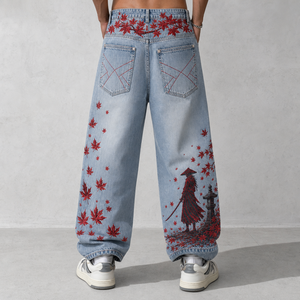 <span class=keywords><strong>Jeans</strong></span> Larghi da <span class=keywords><strong>Uomo</strong></span> Vintage Lavati con Stampa Samurai in Acero Rosso e Cuciture a Contrasto Rosse, Pantaloni in Denim Baggy Streetwear Personalizzati OEM ODM - Product Image 3