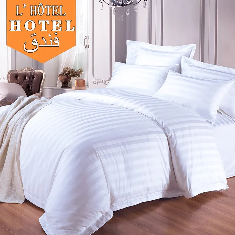 star hotel standard white bed linen 3cm stripe bed sheet duvet cover 100% cotton hotel linen bedding set