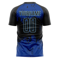 Maillot de football personnalisé sublimé pour adulte, manches courtes, anti-transpiration, nom de l'équipe imprimé, bleu noir, coupe athlétique