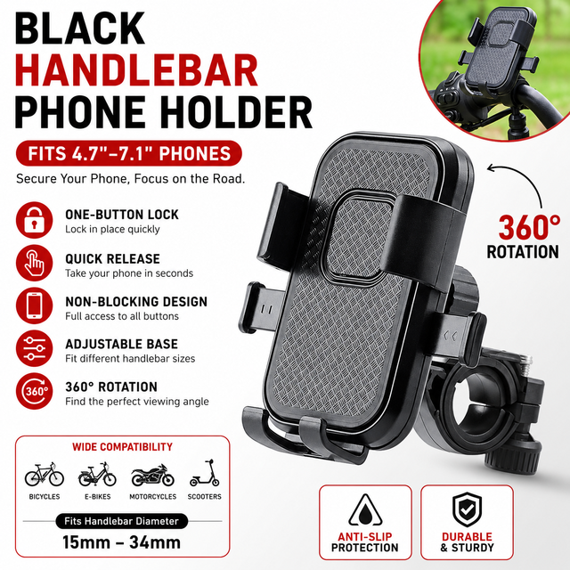 Universal Bike Phone Holder 15-34mm Handlebar Mount 360° Rotation One-Touch Lock Phone Holder for 4.7-7.1" Motorcycle Bicycle