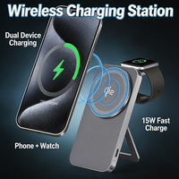 Chargeur sans fil Qi2 2 en 1, 15W, charge rapide, entrée Type-C, PD, logo personnalisé, OEM, ODM, compatible CE, FCC, ROHS, pour smartphones et montres intelligentes