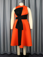 Ocstrade Vêtements pour Femmes Robes Grandes Tailles Coupe Trapèze Bicolore Orange et Noir avec Nœud Papillon Sans Manches Robe de Soirée Chic Grande Taille