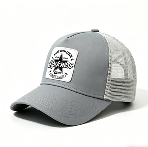 Custom Vintage Patch Trucker Hat <b>Grey</b> 5 Panel Mesh Back <b>Baseball</b> <b>Cap</b> Unisex Embroidery Trucker <b>Cap</b> with Adjustable Snapback - Product Image 2