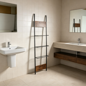Moderno Toallero Industrial <span class=keywords><strong>de</strong></span> 3 Niveles con Forma <span class=keywords><strong>de</strong></span> Escalera, Estantes <span class=keywords><strong>de</strong></span> Almacenamiento Multifuncionales <span class=keywords><strong>de</strong></span> Metal y <span class=keywords><strong>Madera</strong></span> Duraderos <span class=keywords><strong>para</strong></span> Baño y Dormitorio - Product Image 2