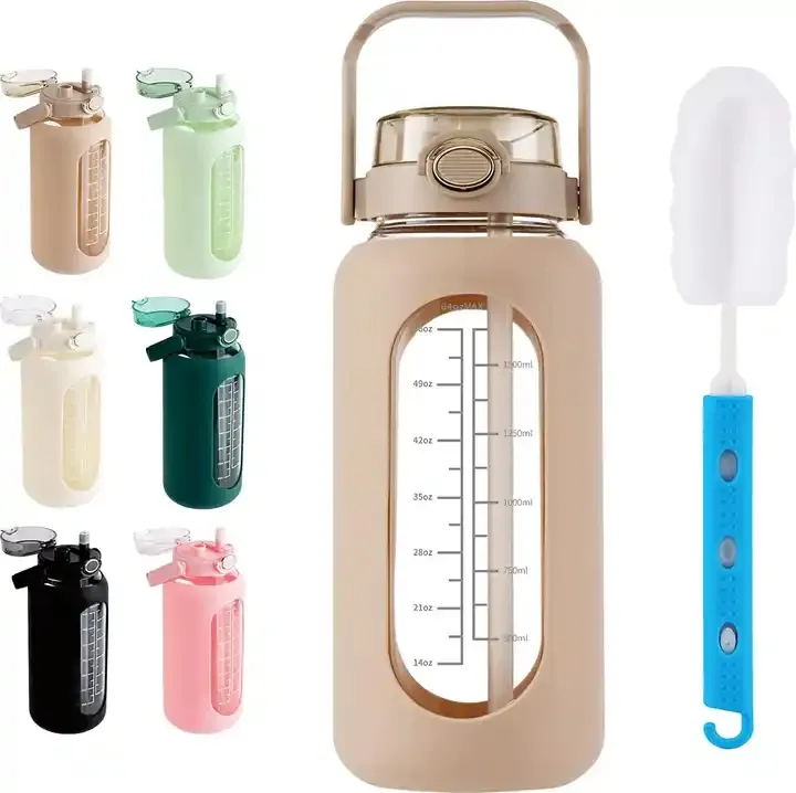 Bouteille d'eau en verre 64oz sans BPA avec paille marqueur de temps demi-gallon grande bouteille d'eau de sport motivante avec manchon en silicone