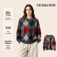 Suéter de Punto Argyle de Alta Calidad para Mujer, Cuello Redondo, Corte Holgado, Patrón Jacquard, Jersey Informal Retro para Dama