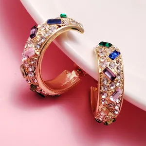 Zircon Hoop Double C Metal Earrings Bling-Bling Ear Rings with Mini Pearl Blue Green Crystal Rhinestone for Wife Gift