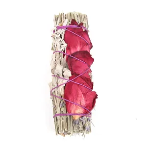 Groothandel Wit Sage Bundel Met Bloemblaadje Smudge Sticks Sage Wierook Stok Met Bladeren Rose