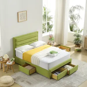 Cabecero de cama de lino con diseño de tela moderna, cama de almacenamiento doble individual tamaño queen King con 4 cajones