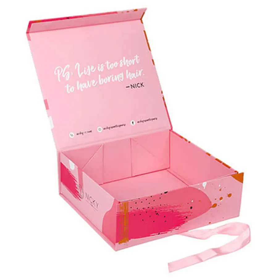Boîte-cadeau pliante en papier coloré de luxe Boîtes pliées de bonbons Boîte pliante de couleur rose avec ruban