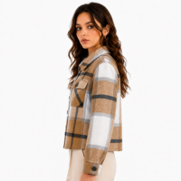 Chaqueta Corta a Cuadros para Mujer, Estilo Shacket, Otoño Invierno, con Botones, Moderna, Casual, Personalizada, OEM, ODM, Venta al Por Mayor