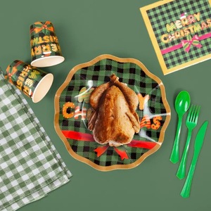 DAMAI Christmas Party Tableware Set Serves 24 Party Supplies Disposable Plates Cups Forks Spoons Knife Napkins - Product Image 2