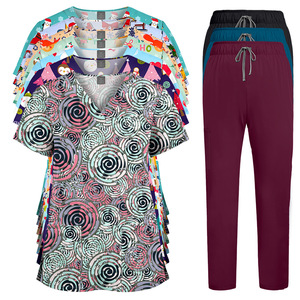AliExpress – <span class=keywords><strong>Tenue</strong></span> professionnelle pour infirmière et <span class=keywords><strong>soignante</strong></span>, col en V, imprimé dessin animé, pantalon droit de couleur unie en polyester - Product Image 1