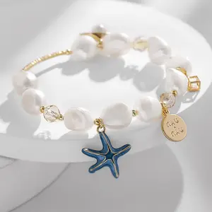 New Arrival Summer Shell Baroque Freshwater Pearl Chain Bracelet Trendy Charming Starfish White Pearl Shell Bracelet For Girls