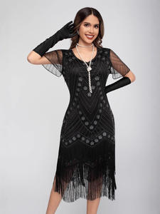 Europeo americano Retro 1920 Gatsby vestido <span class=keywords><strong>de</strong></span> baile lentejuelas borla con cuentas manga corta A-Line <span class=keywords><strong>fiesta</strong></span> silueta <span class=keywords><strong>para</strong></span> <span class=keywords><strong>Amazon</strong></span> Cross Border - Product Image 5