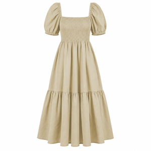 Beige Smocked <b>Maxi</b> <b>Dress</b> Puff Sleeve Square Neck Tiered Midi <b>Dress</b> Casual Summer Women <b>Dress</b> - Product Image 1