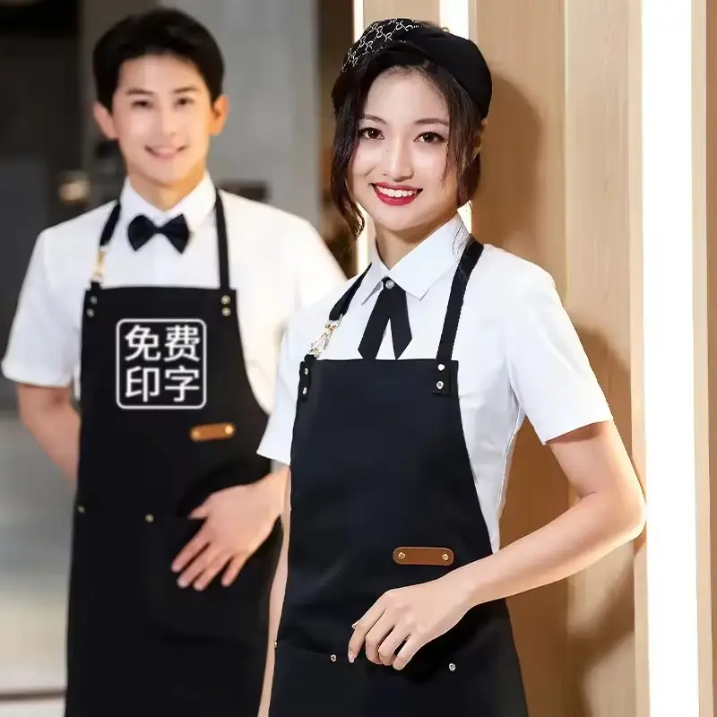 Custom Logo Canvas Waterproof Waiter Cooking Kitchen Apron Unisex Uniform Commercial Bar Cafe Restaurant Black Apron