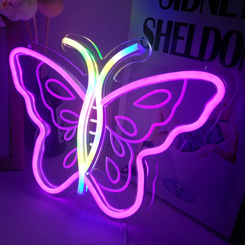 DIVATLA sıcak satış pembe mavi kelebek 5v tüp lamba ev Neon burcu şeffaf akrilik Neon gece lambası