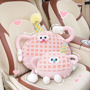 Plush Monster Car Headrest And Lumbar Support <b>Round</b> Washable Neck Pillow For Auto Seat <b>Cushion</b> Four Seasons Use - Product Image 2