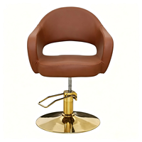 Fauteuil de coiffure marron avec base dorée, dossier enveloppant découpé, levage hydraulique, vente en gros pour salons