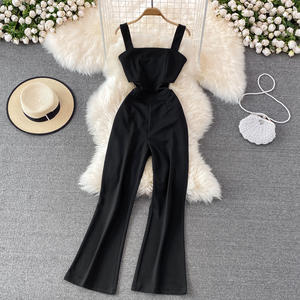 Kunden spezifischer Overall Damen hose mit weitem Bein Bund schwarzer Riemen overall - Product Image 1