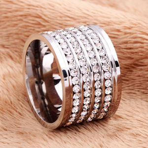 Bague pour femme en acier inoxydable 15 mm, sertie de diamants, quatre rangs, monture pavée, bijoux de mode pour soirée, couleur or - Product Image 2