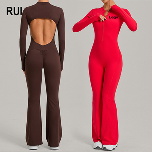Combinaison de sport sans couture pour femme RUIQUWIN, dos nu, longueur intégrale, col montant, manches longues, extensible dans quatre directions, couleur unie - Product Image 1