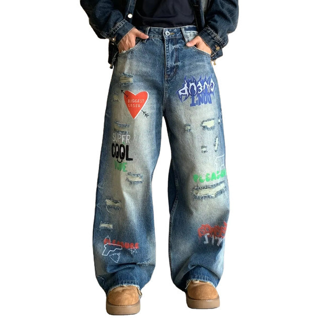 Jeans Designer Painted Print Cartoon Graffiti Fashion Street Loose Fashionable Wide Leg Blue Men's Denim Pants