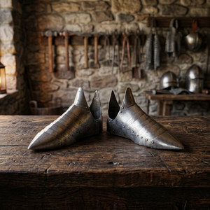 Chaussures d'armure de chevalier en acier plaqué argent, bottes médiévales gothiques pour costume, pour adulte, reconstitution historique, objet de collection - Product Image 5
