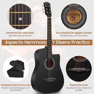 Guitarra Acústica Folk de 38 Pulgadas con Acabado Negro Mate y Accesorios para Principiantes - Product Image 3