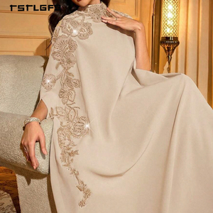 Luxury Beige Muslim Abaya <b>Dress</b> Floral Embroidery Rhinestone <b>Kaftan</b> Elegant Sleeveless High Collar Modest Breathable Spring - Product Image 2